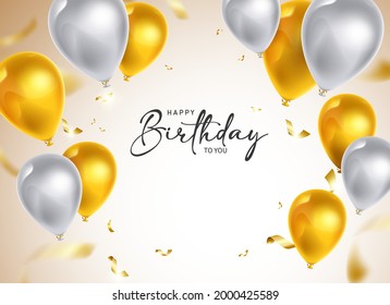 Happy birthday vector banner background. Happy birthday to you greeting text with surprise party elements like balloons and confetti for birth day celebration card design. Vector illustration