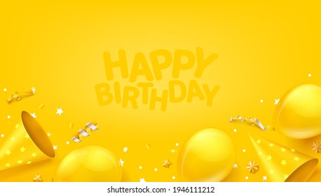 Happy birthday vector banner with ballons, confetti ans cones