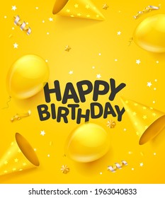 Happy birthday vector banner with ballons, confetti ans cones