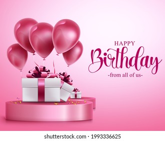 Happy birthday vector banner design. Happy birthday text in pink empty space elegant background with gifts and balloons elements for birth day greeting card celebration. Vector illustration
