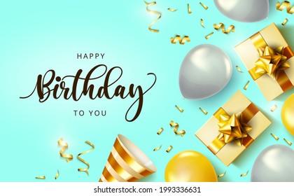 Happy birthday vector banner design. Happy birthday to you text with celebration elements like gifts, balloons and confetti for birth day greeting card decoration. Vector illustration