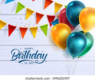 Feliz diseño de banner vector de cumpleaños. Feliz cumpleaños para ti saludar texto con coloridos elementos de celebración como globos y postes para la decoración de tarjetas de nacimiento. Ilustración del vector