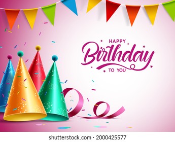 Feliz diseño de banner vector de cumpleaños. Feliz cumpleaños a tu texto con coloridos elementos de la fiesta infantil como sombreros de fiesta y penitentes por la celebración del día del nacimiento de los niños. Ilustración del vector