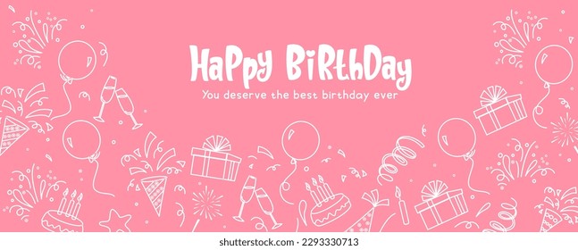 Happy birthday vector banner design. Birthday text with party and event gift wrap decoration. Vector illustration bday icon in pink background.