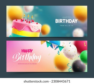 Happy birthday vector banner design. Birthday greeting text with cake and balloons floating elements. Vector illustration invitation card lay out collection.