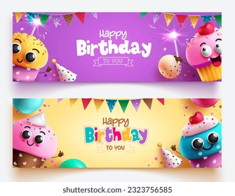 Happy birthday vector banner design. Birthday greeting text with cup cake characters for dedication card. Vector illustration party celebration background.  