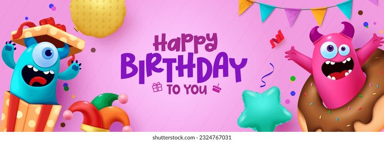 Feliz diseño de banner vector de cumpleaños. Tarjeta de felicitación de cumpleaños con personajes monstruosos adorables con elementos coloridos. Dibujo vectorial graciosa en tarjeta de invitación. 