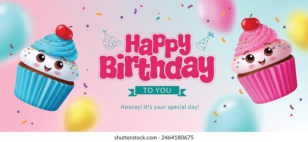 Happy birthday vector banner design. Birthday greeting text with cupcake characters in strawberry and muffin blueberry sweet flavors for invitation card background. Vector illustration birthday