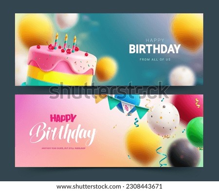Happy birthday vector banner design. Birthday greeting text with cake and balloons floating elements. Vector illustration invitation card lay out collection.