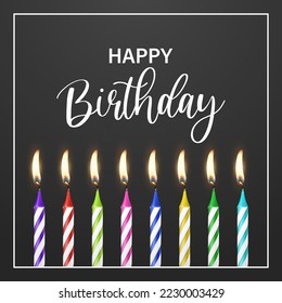 Happy Birthday. Vector Banner, Greeting Card with 3d Realistic Paraffin or Wax Burning Birthday Party Candle and Flame Set on Black Background. Design Template, Clipart, Birthday Concept