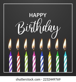 Happy Birthday. Vector Banner, Greeting Card with 3d Realistic Paraffin or Wax Burning Birthday Party Candle and Flame Set on Black Background. Design Template, Clipart, Birthday Concept