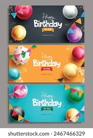 Happy birthday vector banner set design. Birthday greeting card with colorful balloons and pennants decoration elements for invitation card collection template. Vector illustration birthday greeting 