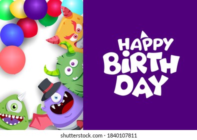 Happy birthday vector banner template. Happy birthday text in purple empty blank space for messages with scary cute character creatures for kids party celebration design. Vector illustration.