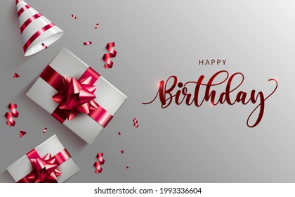 Happy birthday vector banner template. Happy birthday greeting text with gifts, party hat and confetti elements in white background for birth day celebration design. Vector illustration