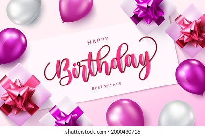 Plantilla de banner vector feliz de cumpleaños. Feliz texto de cumpleaños en espacio de pizarra blanca con elementos de celebración como globos y regalos para el diseño de tarjetas de felicitación de cumpleaños. Ilustración del vector