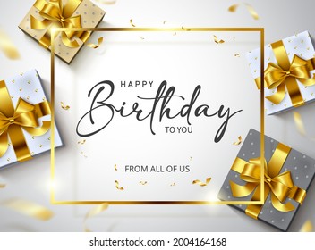 Happy birthday vector banner template. Happy birthday to you greeting text in gold frame empty space with gifts and confetti celebration elements for elegant birth day card design. Vector illustration