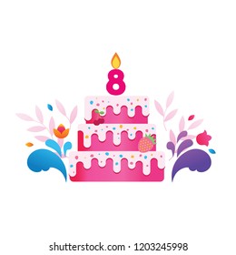 Happy Birthday. Vector cake with burning candle. Card design template.