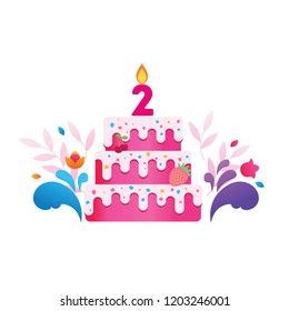 Happy Birthday. Vector cake with burning candle. Card design template.
