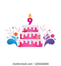 Happy Birthday. Vector cake with burning candle. Card design template.