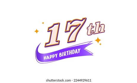 Happy Birthday vector card 17 year. Celebration greeting card with number. Happy anniversary 17th design symbol, sign, logo, bakcground.