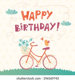 Happy Birthday vector card with a bicycle
