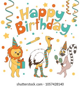 Happy birthday vector card. Children's birthday poster with cute  african animals: lemur, ostrich (Emu), lion.  Set of birthday design elements.