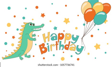 Happy birthday vector card. Children's birthday poster with cute african crocodile with balloons. Set of birthday design elements.
