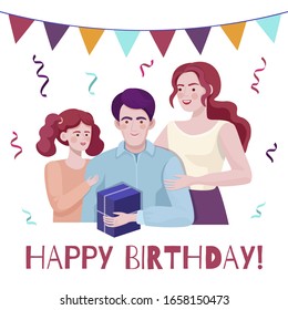 Happy birthday vector card concept with text space. Smiling mother and daughter giving a gift to father vector illustration. Family time together, family congratulates dad flat banner template.