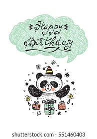 Happy Birthday! Birthday Vector Card with a Cute Panda Bear and Gifts. Hand Drawn Doodle illustration