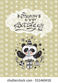 Happy Birthday! Birthday Vector Card with a Cute Panda Bear and Gifts. Hand Drawn Doodle illustration