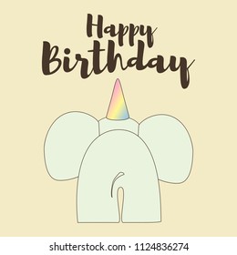 Happy Birthday vector card with elephant. Pink, green, blue, yellow and violet blow balls and letters. Greeting banner illustration.