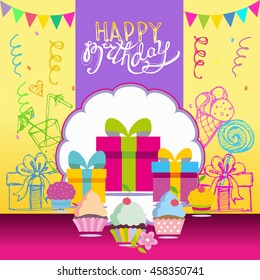 Happy birthday vector card. Hand drawn Vector illustration. Invitation template design.