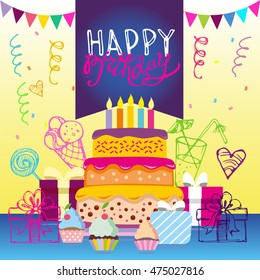 Happy birthday vector card. Hand drawn Vector illustration. Invitation template design.