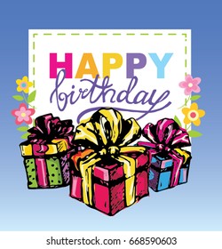 Happy birthday vector card. Hand drawn Vector illustration. Invitation template design.