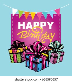 Happy birthday vector card. Hand drawn Vector illustration. Invitation template design.
