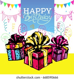 Happy birthday vector card. Hand drawn Vector illustration. Invitation template design.