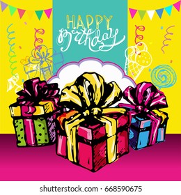 Happy birthday vector card. Hand drawn Vector illustration. Invitation template design.