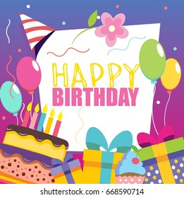 Happy birthday vector card. Hand drawn Vector illustration. Invitation template design.