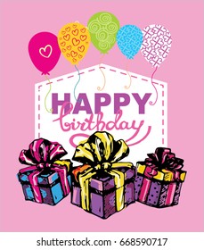 Happy birthday vector card. Hand drawn Vector illustration. Invitation template design.