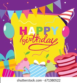 Alles Gute zum Geburtstag, Vektorkarte. Handgezeichnete Vektorgrafik. Einladungsvorlagenentwurf.
