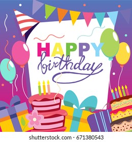 Happy birthday vector card. Hand drawn Vector illustration. Invitation template design.