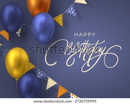 Happy Birthday vector card with handwritten calligraphy and realistic blue and gold balloons. Festive vertical background with flags and garland for party stories and invitations.