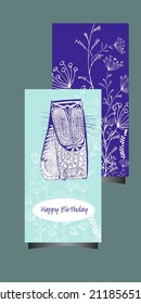 happy birthday vector card with illustration funny cat drawing graphics with a pen