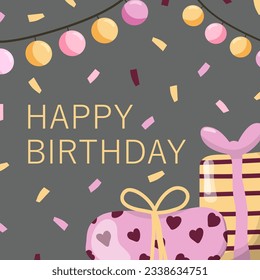 Happy birthday vector card. Vector illustration in hand-drawn simple style Time to celebrate. Make a wish. 