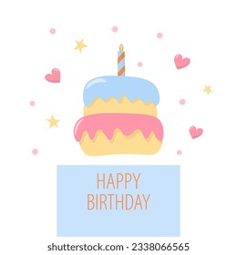 Happy birthday vector card. With the image of a cake with a candle. Hand draw style. 