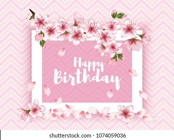 Happy Birthday vector card. Japanese cherry blossom pink sakura flowers frame. Elegant greeting card with apple branch tree flowers bloom. Birthday holiday graphic design.