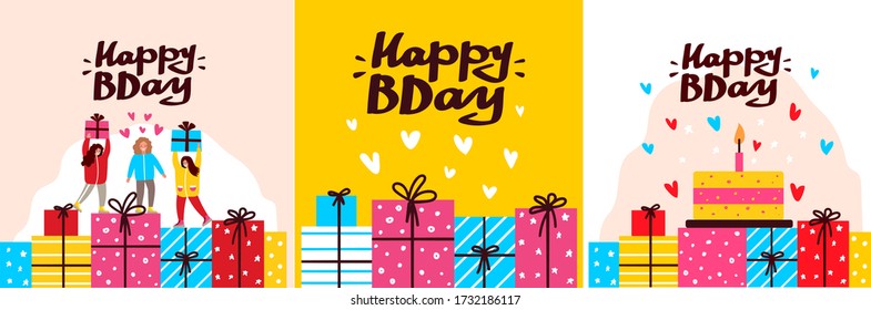 Happy birthday vector card with lettering. Holiday text and decorations.