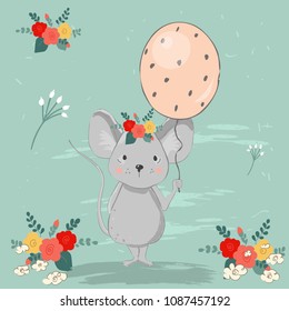 Happy Birthday vector card with mouse, cartoon, retro, vintage. Holiday card