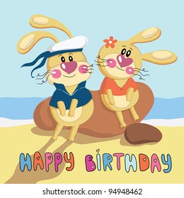 Happy birthday vector card with pretty rabbits