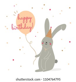 Happy Birthday vector card. Super cute illustration with Bunny in a birthday hat with a Balloon and Confetti. Greeting card design.